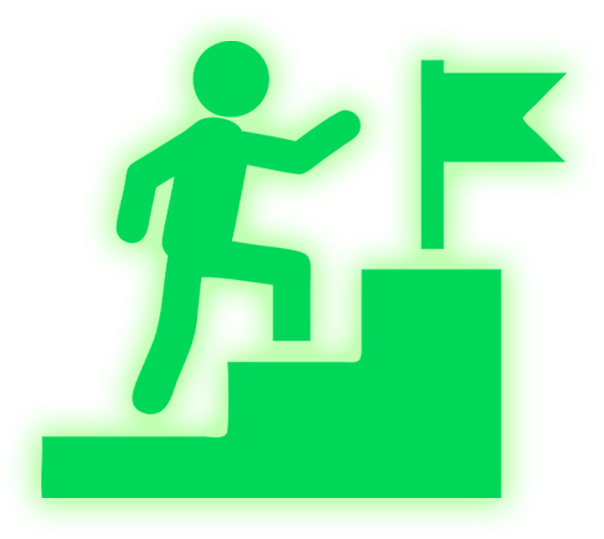 Uma pessoa subindo uma escada, e no topo da escada tem uma bandeira.